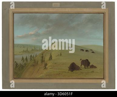 Cette peinture de paysage de George Catlin, créée entre 1861 et 1869, représente Cedar Bluffs. L'œuvre met l'accent sur les paysages naturels, le terrain et les caractéristiques environnementales de la région. Banque D'Images