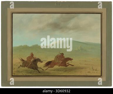 Cette peinture de 1861–1869 de George Catlin représente un Indien Osage poursuivant un Camanchee, montrant des figures montées, des chevaux, des mouvements, des vêtements, armes, et paysage naturel. Banque D'Images