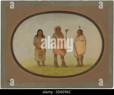 Une peinture de George Catlin de 1861 à 1869 montrant trois hommes Piankeshaw en tenue traditionnelle, illustrant la posture, les accessoires, les coiffures et les traits culturels du peuple Piankeshaw. Banque D'Images
