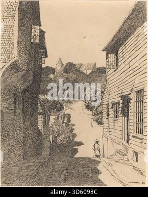 Une gravure de 1903 de FL Griggs montrant l'église Sainte-Anne vue de Southover, y compris la tour, la nef, les arbres environnants et le paysage, exemple de l'architecture ecclésiastique anglaise. Banque D'Images