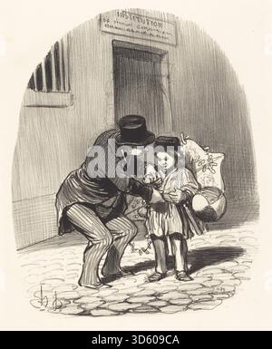 Cette lithographie d’Honoré Daumier, intitulée le jour de sortie, représente des individus quittant un bâtiment ou une institution, montrant des gestes, une posture et des interactions typiques de l’observation sociale. Banque D'Images