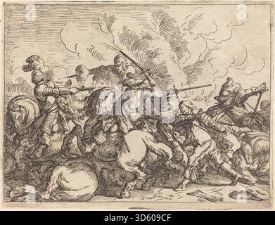 Une gravure de Johann Wilhelm Baur de 1635 représentant des batailles imaginatives avec des soldats fantassins, de la cavalerie, des canons, des drapeaux et des paysages détaillés, insister sur les tactiques militaires et l'interaction humaine. Banque D'Images