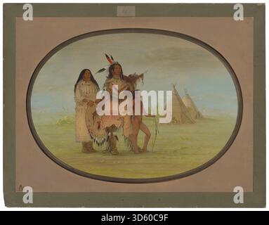 Une peinture de George Catlin de 1861 à 1869 représentant un guerrier K'nisteneux avec sa famille, mettant en évidence les vêtements traditionnels, les armes, la vie domestique et la structure sociale du groupe. Banque D'Images