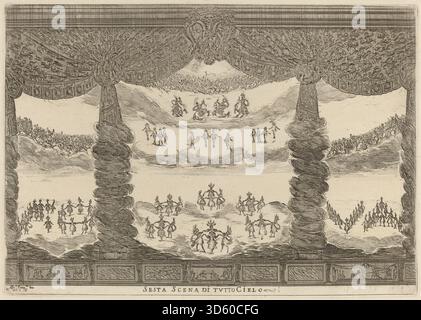 Gravure de Stefano Della Bella, 1637, montrant la sixième scène de Tutto Cielo. L'estampe représente des figures, des éléments célestes, des gestes et un style de gravure baroque. Banque D'Images