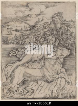 Gravure de Giovanni Battista Palumba représentant la scène mythologique d'Europe enlevée par Zeus sous la forme d'un taureau, figures détaillées, draperies et éléments de paysage, style Renaissance italienne sur papier. Banque D'Images