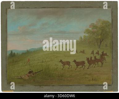 Cette peinture de 1861–1869 de George Catlin représente des Assinneboines tirant sur l'antilope, montrant des figures, des armes, des animaux, des activités de chasse, paysage, et mouvement dans un cadre naturel. Banque D'Images