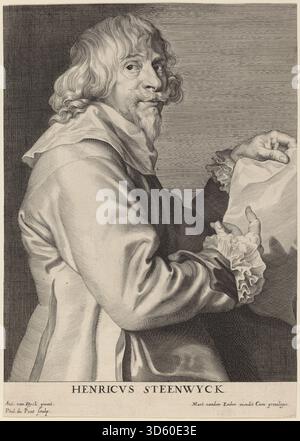 Cette gravure de Paulus Pontius d'après Van Dyck représente Henricus Steenwyck, montrant les traits du visage, les vêtements et la posture, illustrant les pratiques de portrait flamandes du début du XVIIe siècle et la représentation sociale. Banque D'Images