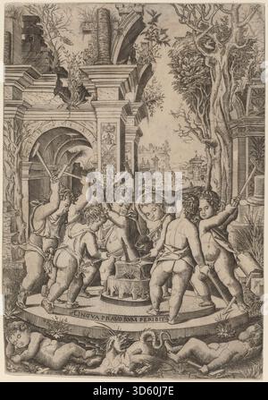 Cette peinture de Nicoletto da Modena, vers 1507, dépeint le destin allégorique d'une langue maléfique, montrant des figures, des gestes, des actions symboliques, des visages expressifs, et composition dynamique, reflétant l'allégorie morale de la Renaissance. Banque D'Images