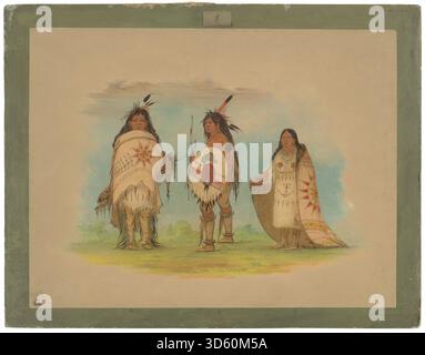 Une peinture de George Catlin de 1861 montrant trois hommes Riccarree vêtus de vêtements traditionnels, mettant en évidence les coiffures, les accessoires, la posture et les attributs culturels du peuple Riccarree. Banque D'Images