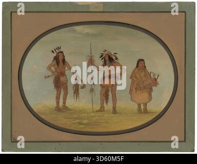 Cette peinture de George Catlin, créée entre 1861 et 1869, représente deux guerriers ojibbeway avec une femme, mettant en évidence les vêtements traditionnels, les accessoires, les coiffures et les pratiques culturelles du peuple ojibbeway. Banque D'Images