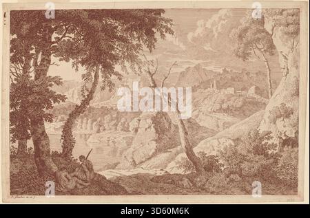 Peinture de Johannes Glauber représentant un paysage montagneux avec deux hommes au repos, montrant un terrain rocheux, des sommets lointains, de la végétation et des figures humaines dans un cadre naturel. Banque D'Images