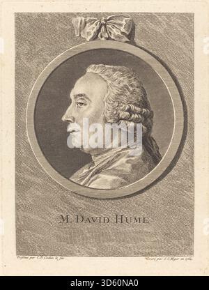Gravure de Simon Charles Miger d'après Charles Nicolas Cochin II représentant David Hume en 1764. Le portrait présente le philosophe assis dans une tenue formelle, capturant l'expression faciale, la pose et les conventions intellectuelles du portrait du XVIIIe siècle. Banque D'Images