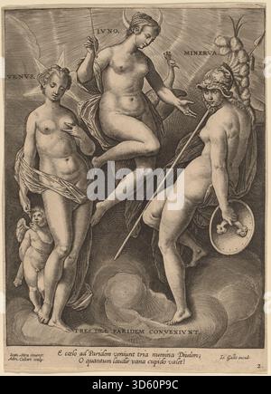 Gravure de 1587 d'Adriaen Collaert d'après Jan van der Straet représentant les déesses romaines Vénus, Junon et Minerve. La composition présente des figures mythologiques, des attributs symboliques et des références classiques. Banque D'Images