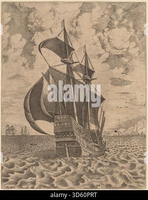 Gravure de 1565 de Frans Huys d'après Pieter Bruegel l'ancien montrant un navire armé à quatre mâts approchant d'un port. La gravure détaille les mâts, les voiles, la coque et le gréement du navire, représentant l'architecture navale néerlandaise du milieu du XVIe siècle et les pratiques maritimes. Banque D'Images
