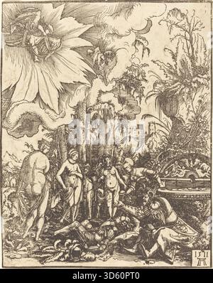 Le tableau d'Albrecht Altdorfer de 1511, le jugement de Paris, dépeint l'histoire mythologique avec Paris choisissant la plus belle déesse. La composition comprend des figures détaillées, des gestes, des draperies, des paysages et des objets symboliques. Banque D'Images