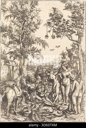 Tableau de Lucas Cranach l'ancien de 1508 représentant la scène mythologique du jugement de Paris, montrant Paris présentant une pomme d'or à l'une des trois déesses, mettant en évidence la composition, les figures et le symbolisme de la Renaissance. Banque D'Images