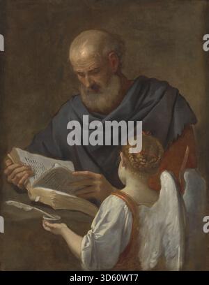 Tableau de Simone Cantarini réalisé entre 1645 et 1648 montrant Saint Matthieu avec un ange. L'œuvre met l'accent sur l'interaction des figures, le geste et la composition classique typique de la peinture italienne du XVIIe siècle. Banque D'Images