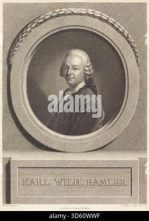 Un tirage de 1774 de Johann Friedrich Bause d'après Anton Graff représentant Karl Ramler, montrant son buste, les traits du visage, l'expression, la coiffure, et tenue du xviiie siècle dans une forme gravée détaillée. Banque D'Images