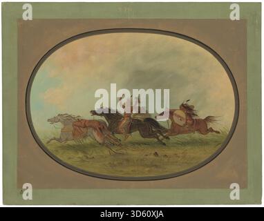 Cette peinture de 1861–1869 de George Catlin représente une scène montrant un scalper avec des Pawnees et des Cheyennes, représentant des figures humaines, des interactions, des vêtements, des armes, et un environnement extérieur naturel. Banque D'Images