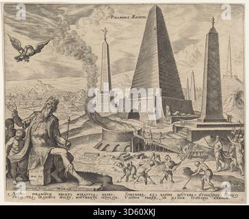 Piramides aegypti (1572) de Philip Galle, d'après Maerten van Heemskerck, dépeint les pyramides d'Égypte avec des structures monumentales, des formes en gradins, un environnement désertique et des figures au premier plan, soulignant l'importance historique et architecturale des monuments égyptiens anciens. Banque D'Images