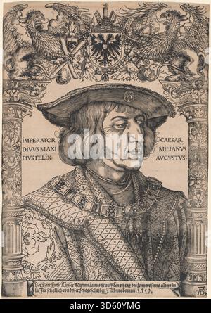 Cette estampe de 1519 de Hans Weiditz II d'après Albrecht Dürer représente l'empereur Maximilien Ier, mettant l'accent sur le portrait, la tenue vestimentaire, les regalia, la posture, et symbolique autorité impériale au début du XVIe siècle allemand compris Banque D'Images