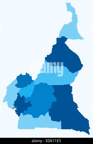 Carte du Cameroun avec les régions. Une carte de frontière de pays simple avec division de région. Palette de couleurs bleu clair. Illustration de Vecteur