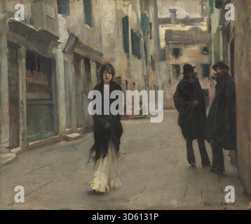 Une peinture à l'huile de 1882 de John Singer Sargent représentant une rue vénitienne, montrant des bâtiments, un canal, des figures, une perspective, lumière, et atmosphère urbaine avec composition détaillée. Banque D'Images