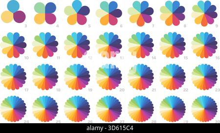 Graphiques de tourtes de fleurs segmentées infographiques. Roues de couleur pétales, diagramme de segment circulaire multicolore et graphique radial divisé pour l'infographie, les vis de données Illustration de Vecteur