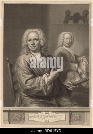 La gravure représente Jan Maurits Quinkhard, montrant son portrait, les traits du visage, la tenue vestimentaire, la posture, et des inscriptions, créées par Pieter Tanje d'après Jan Maurits Quinkhard en 1741. Banque D'Images
