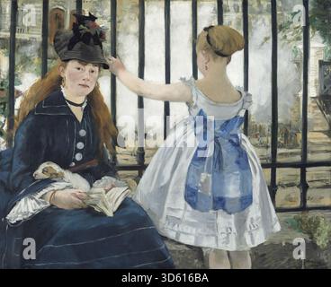 Le chemin de fer d'Édouard Manet (1873) représente une femme et un enfant à côté d'une clôture de chemin de fer, mettant l'accent sur la vie urbaine contemporaine, les figures, et l'attention de Manet à la lumière, la couleur et la composition. Banque D'Images