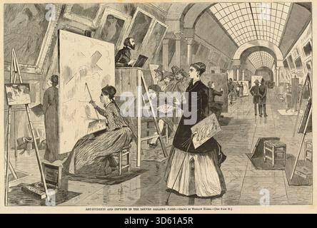 Lithographie d'après Winslow Homer, 1868, représentant des étudiants en art et des copistes travaillant à la Galerie du Louvre, Paris. L’œuvre met l’accent sur les figures, le geste, l’espace intérieur, les œuvres d’art et l’étude artistique du XIXe siècle. Banque D'Images