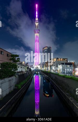 Le Tokyo Skytree illuminé brille d'une lumière violette éclatante contre le ciel nocturne, encadré par les bâtiments environnants Banque D'Images
