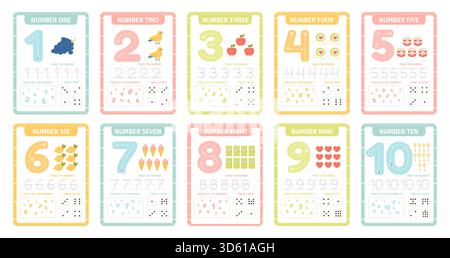 Cartes d'apprentissage numériques. Cartes-éclairs de jardin d'enfants avec des numéros, des numéros d'apprentissage et d'orthographe de 1 à 10 illustrations vectorielles. Les enfants comptent worksh Illustration de Vecteur