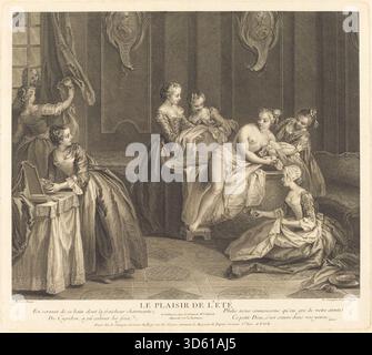 Ce tableau de 1744 de Louis de Surugue de Surgis, d'après Jean Baptiste Joseph Pater, représente 'les plaisirs de l'été'. La scène montre des personnages élégamment habillés engagés dans des activités de loisirs, mettant l'accent sur le mouvement, la composition et le style décoratif rococo. L'œuvre reflète les conventions de peinture européennes du XVIIIe siècle et l'utilisation raffinée de la couleur. Banque D'Images