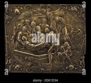 Peinture allemande du XVIIe siècle représentant l'enterrement d'un saint, montrant des personnages en robes drapées, un cercueil, un saint aux hallets, des gestes de deuil, style baroque, iconographie religieuse, composition expressive, vers 1600. Banque D'Images