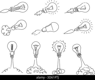 Fusée à lampe à ligne unique. Lancement d'idée, fusées à ampoule et commencer l'ensemble d'illustration vectorielle de concept d'idée intelligente. Démarrage d'un nouveau projet d'entreprise, innovation. Lumière Illustration de Vecteur