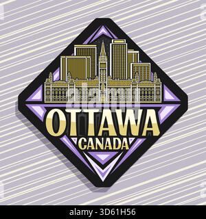 Logo vectoriel pour Ottawa, panneau routier décoratif sombre en losange avec illustration détaillée du paysage urbain d'ottawa crépuscule, esprit aimant de réfrigérateur de conception artistique Illustration de Vecteur