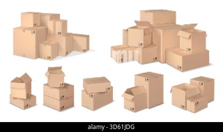 Pile de boîtes réaliste. Boîtes en carton empilées, pile de colis et jeu réaliste de carton vecteur de 3D boîtes, boîtes en carton empilées pour l'expédition de marchandises Illustration de Vecteur