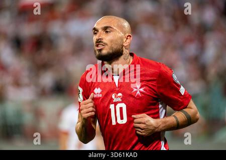 Attard, Malte. 17 novembre 2025. Teddy Teuma de Malte lors du match de qualification du groupe G de la Coupe du monde de la FIFA 2026 entre Malte et la Pologne au stade national Ta' Qali à Attard, Malte, le 17 novembre 2025 (photo Andrew SURMA/Sipa USA). Crédit : Sipa USA/Alamy Live News Banque D'Images