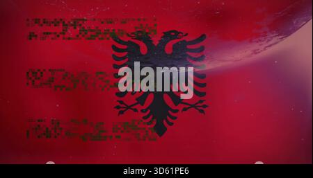 Affichage de l'emblème noir d'aigle à deux têtes traversant le champ d'espace rouge avec des étoiles de pixels vert lune Banque D'Images