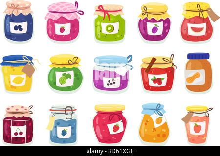 Confitures maison dans des bocaux en verre. Repas gourmands sucrés à base de baies, de conserves de fruits et de beurre d'arachide. Collection de vecteur isolé de confiture savoureuse de pot de confiture swee Illustration de Vecteur