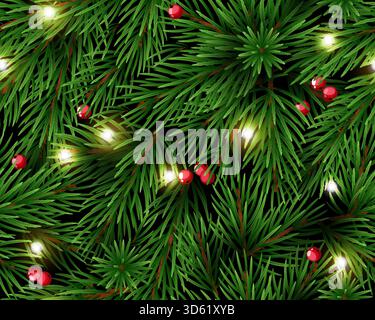 Motif sans couture de brins de noël réaliste. Arbre de Noël avec baies rouges et lumières. Branches forestières de conifères. Textile, papier d'emballage, papier peint Illustration de Vecteur