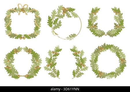 Couronnes de branches de chêne. Cadres botaniques décoratifs avec des feuilles vertes, glands, différentes formes, brins d'arbre entrelacés, éléments de conception botanique Illustration de Vecteur