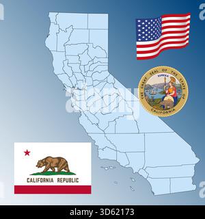 Californie État fédéral américain agitant drapeau, sceau et carte, États-Unis, illustration vectorielle Illustration de Vecteur