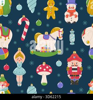 Motif sans couture de jouets de noël vintage. Décorations de Noël en verre répétées, casse-noix, ballerine, bonhomme de neige, cheval. Textile, papier d'emballage, papier peint Illustration de Vecteur