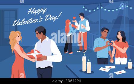Célébrations de la Saint-Valentin. Des gens drôles amoureux échangeant des valentines, des couples romantiques heureux avec des coeurs à la fête, embrassant et embrassant des personnages Illustration de Vecteur