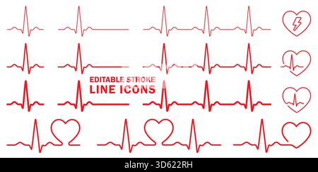 Jeu d'icônes de ligne de battement cardiaque ECG. Collection d'icônes vectorielles rouges de contour modifiables représentant la fréquence cardiaque, le pouls et le signal ECG. Parfait pour M Illustration de Vecteur