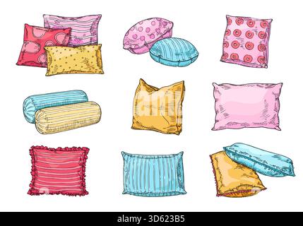 Esquissez des oreillers de lit avec des motifs textiles, doodle accessoires de couchage. Vecteur de lit d'oreiller d'esquisse, dessin design intérieur doodle, sommeil de confort doux Illustration de Vecteur