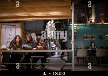 Téhéran, Iran. 17 novembre 2025. De jeunes iraniennes siègent dans un centre pour la créativité et l’innovation à Téhéran, en Iran, le 17 novembre 2025. La semaine du design de Téhéran est un événement inclusif qui tisse le design dans le tissu de la vie urbaine, créant une plate-forme de dialogue créatif entre designers, producteurs et passionnés. (Photo de Morteza Nikoubazl/NurPhoto) crédit : NurPhoto SRL/Alamy Live News Banque D'Images