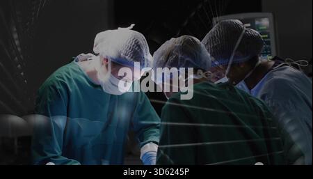 Équipe opératrice en blouses et masques effectuant la chirurgie, utilisant des instruments et surveillant le moniteur vital Banque D'Images